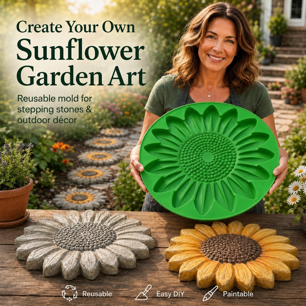 Gardening Tools Usa - ひまわりテラスストーンモールドセット、コンクリート製ガーデン小道作成ツール、屋外中庭や芝生用の再利用可能なフラワーストーンモールド