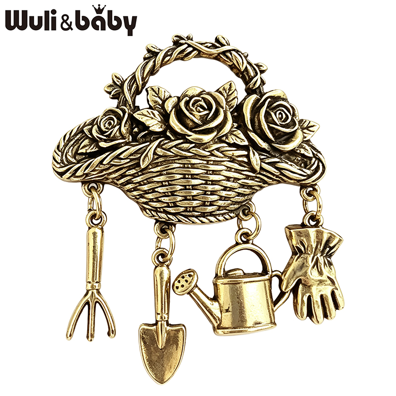Gardening Tools For 3 Year Old - Wuli&baby ヴィンテージフラワーバスケットブローチ 女性用 2色メタルガーデンツールペンダント ローズフラワーバスケット カジュアルブローチピン