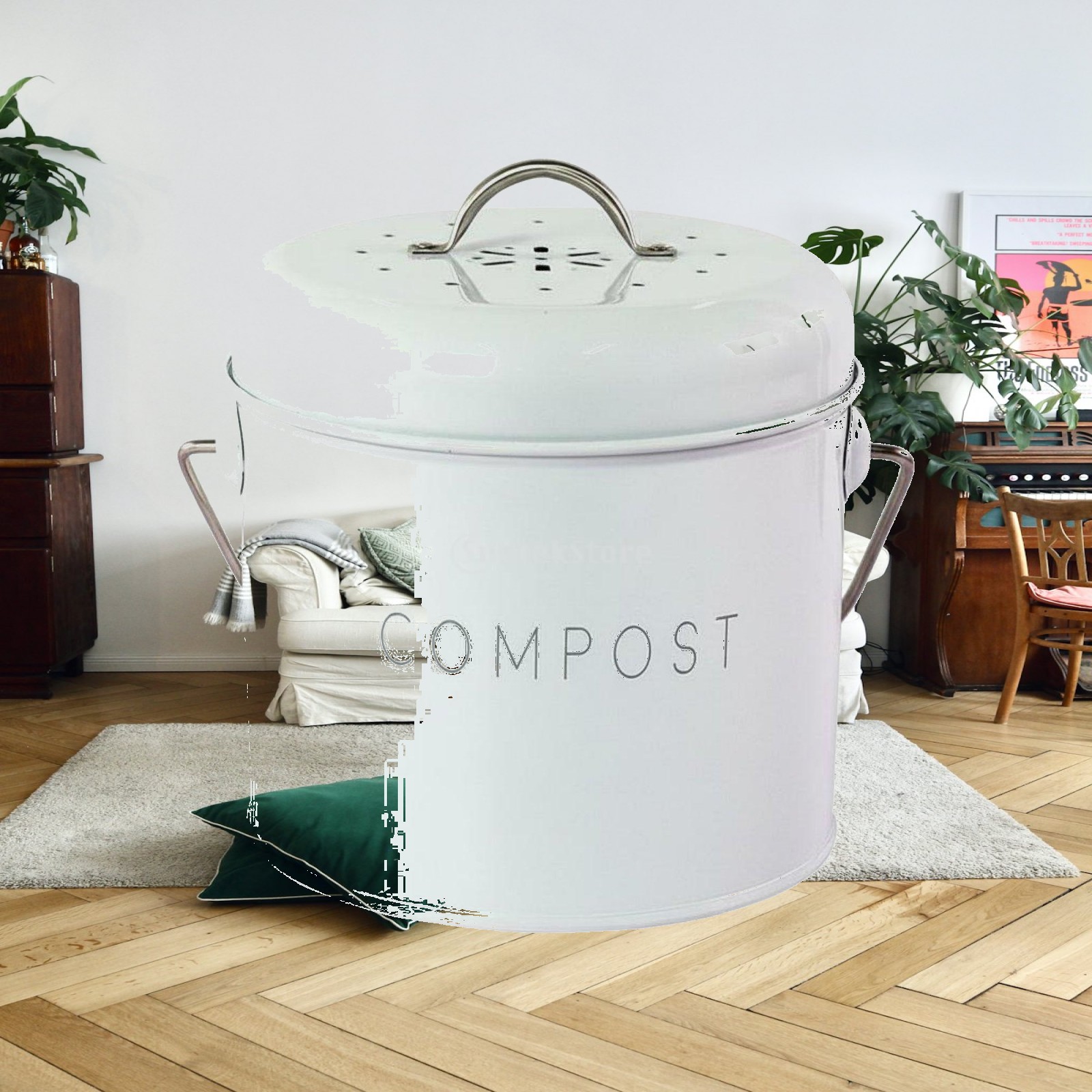 Compost Bin - キッチン用卓上ゴミ箱、コンパクトな蓋付きコンポスト容器、堆肥化やペットの排泄物処理用の携帯用ゴミ容器